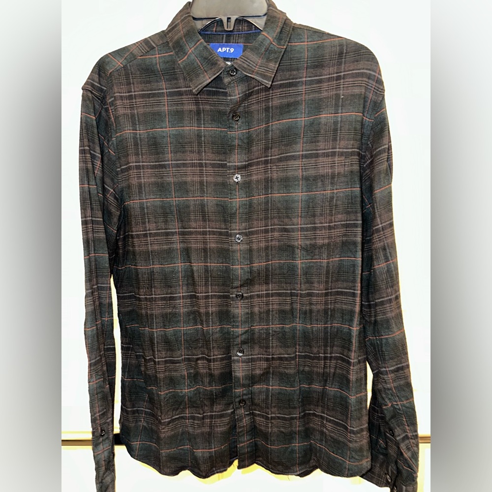 Apt. 9 plaid button down. Super comfy. Runs short, in my opinion.